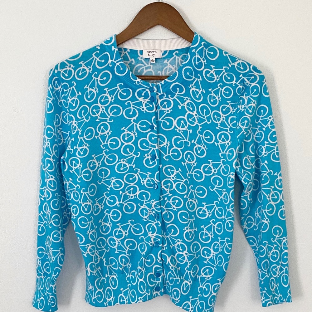 Crown & Ivy Bicycle Print Blue Cardigan Sz L